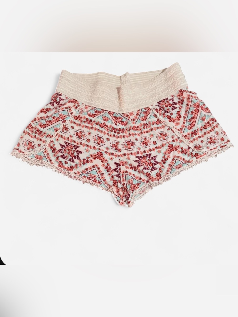 No Boundaries Cream High-Waist Boho Shorts with Red & Teal Pattern medium